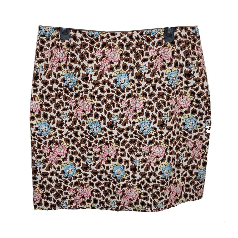 Nicole Miller Skirt 14 Mini Leopard Floral Pink Brown Blue Cotton